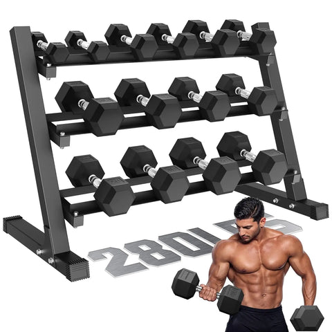 Rubber Hex Dumbbell Set with 3-Tier Rack | 5–35 LB | 280 LBS Home Gym Set