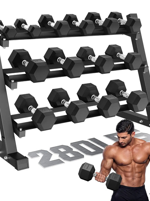Rubber Hex Dumbbell Set with 3-Tier Rack | 5–35 LB | 550 LBS Home Gym Set