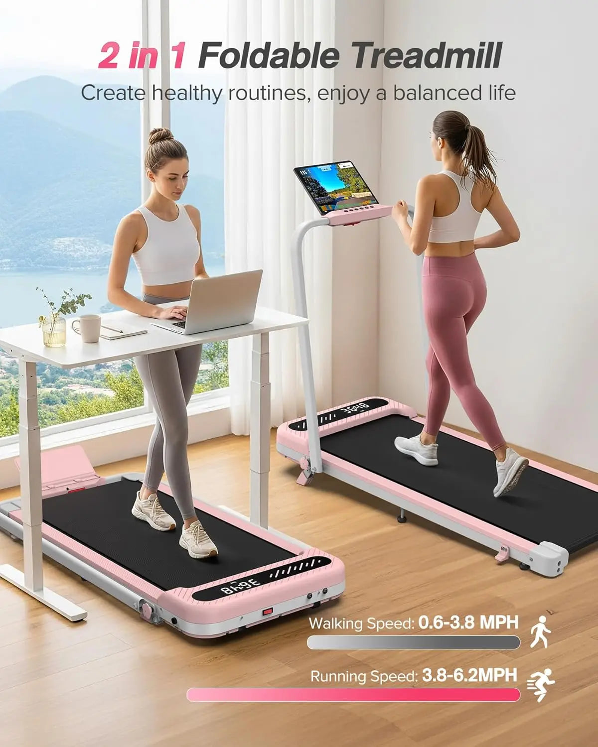 Foldable Walking Treadmill with Incline, 350 LBS Capacity, Under Desk Treadmill with Handle Bar, Portable Home Treadmill with Wide Belt, LED Display, App & Remote Control