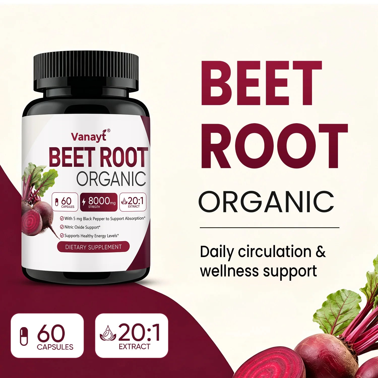 Organic Beetroot Capsules with Black Pepper – Nitric Oxide, Blood Circulation & Blood Pressure Support