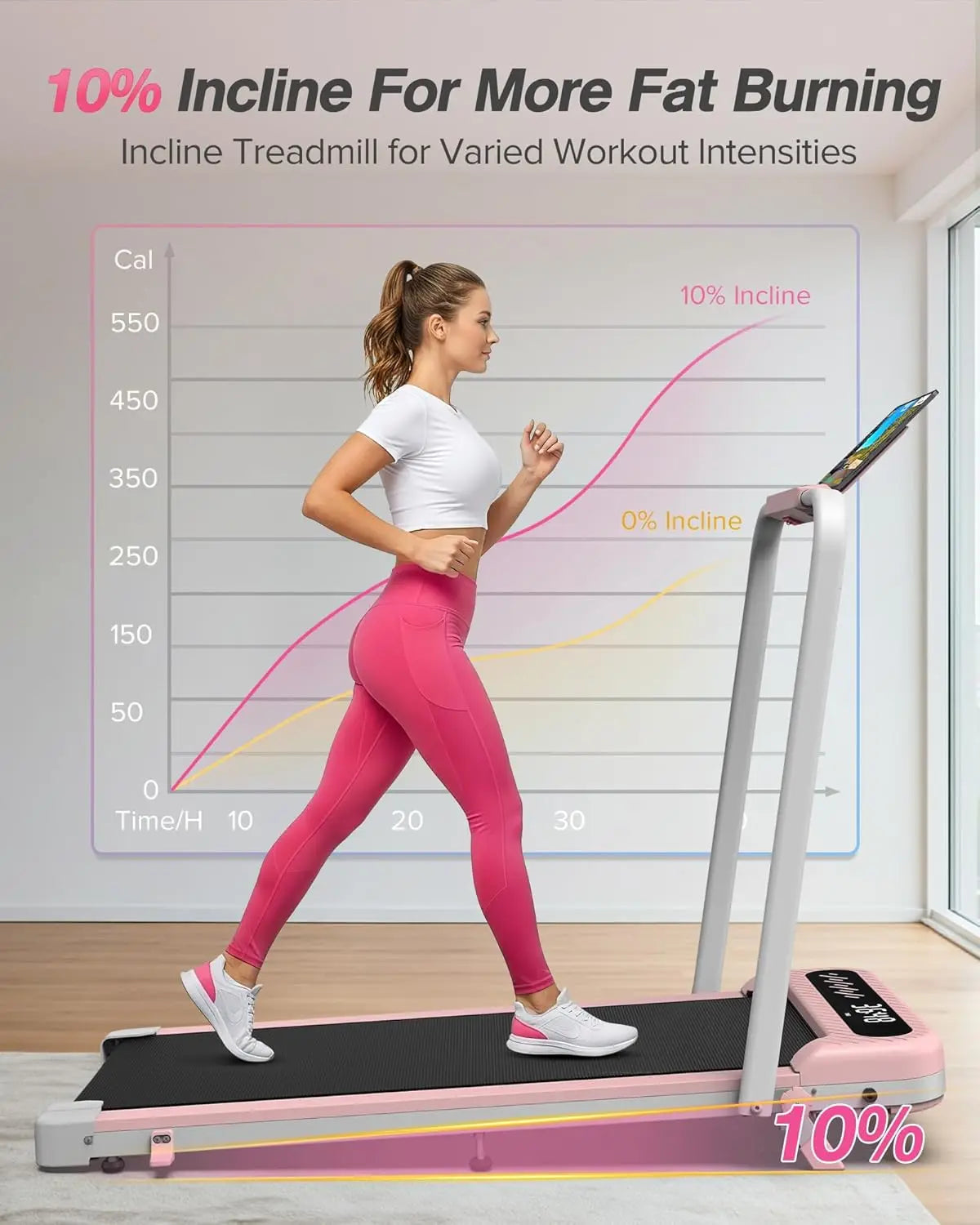 Foldable Walking Treadmill with Incline, 350 LBS Capacity, Under Desk Treadmill with Handle Bar, Portable Home Treadmill with Wide Belt, LED Display, App & Remote Control