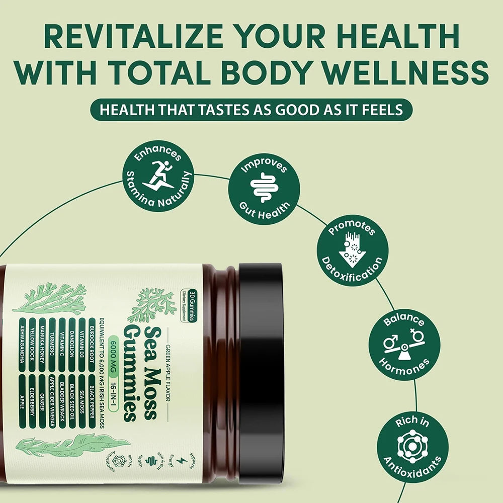 Sea Moss Gummies 16-in-1 – Ashwagandha, Black Seed Oil, Turmeric, Bladderwrack & Vitamin C D3 for Immune & Gut Health