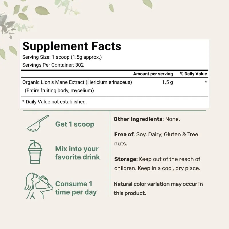 Organic Lion's Mane Mushroom Powder – 151 Servings, Full-Spectrum for Focus, Memory & Immune Support