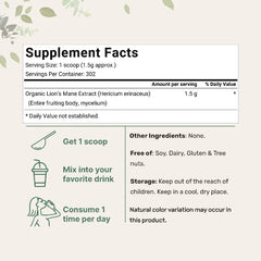Organic Lion's Mane Mushroom Powder – 151 Servings, Full-Spectrum for Focus, Memory & Immune Support