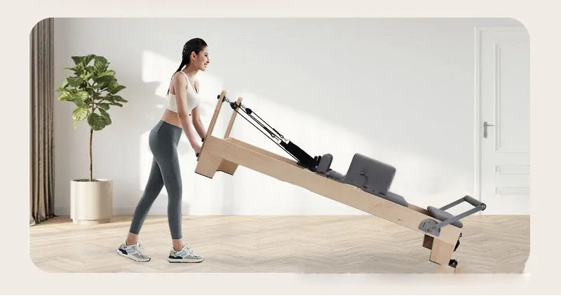 Foldable Pilates Reformer – Oak Wood & PU Leather, 228cm, SGS/CE/ISO Certified, Home & Studio Core Bed