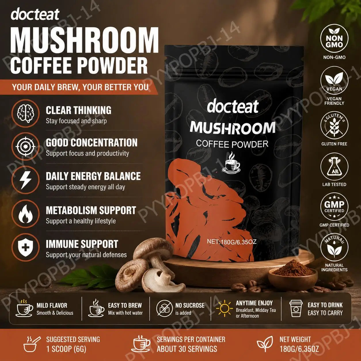 Mushroom Coffee Powder with L-Theanine – Daily Energy, Focus & Metabolism Support (180g)