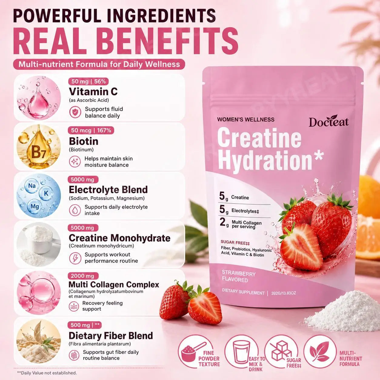 Docteat Creatine Monohydrate Hydration Powder | Probiotics, Hyaluronic Acid & Dietary Fiber | 30 Servings