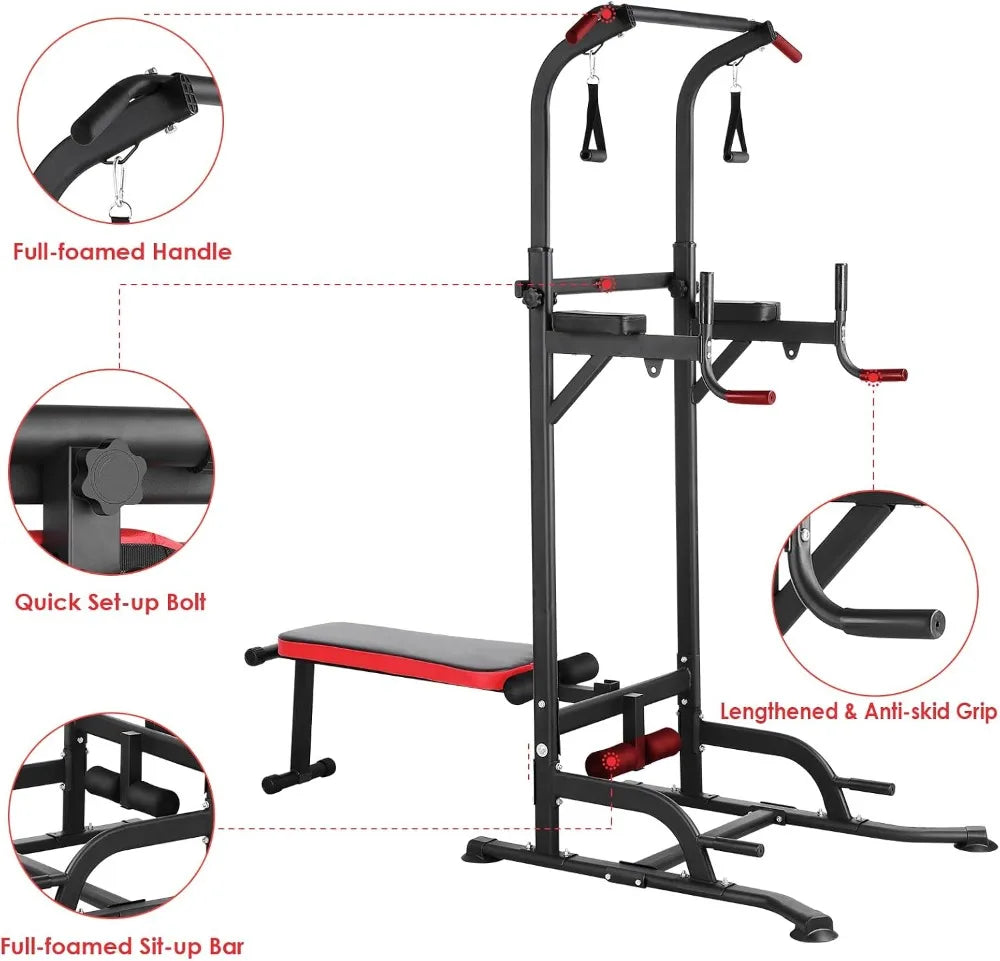 Multifunction Power Tower with Folding Bench & Pull Up Bar | 400 LBS | Home Gym
