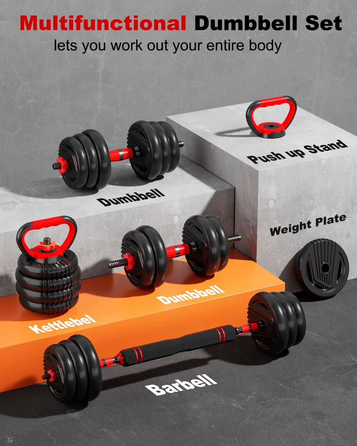 Adjustable Dumbbell Set – 5-in-1 Free Weights with Barbell, Kettlebell & Push-Up Stand, 20/30/45/70/90 lbs