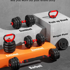 Adjustable Dumbbell Set – 5-in-1 Free Weights with Barbell, Kettlebell & Push-Up Stand, 20/30/45/70/90 lbs