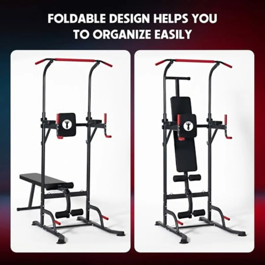 Home gym strength training equipment: multi-functional pull up bar with adjustable dip bar and foldable bench