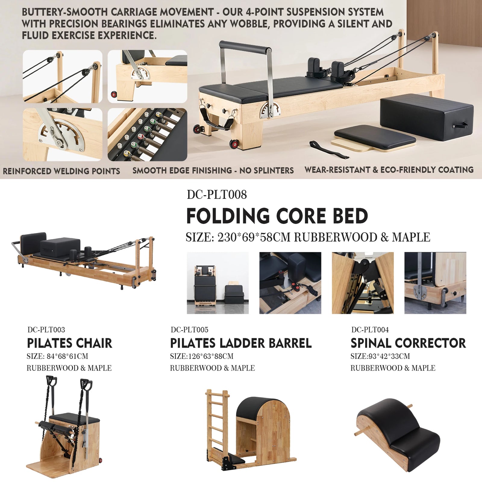 Wood Pilates Reformer – Commercial Studio Grade, CE/ISO Certified, Custom Logo, Gym & Pilates Studio Machine
