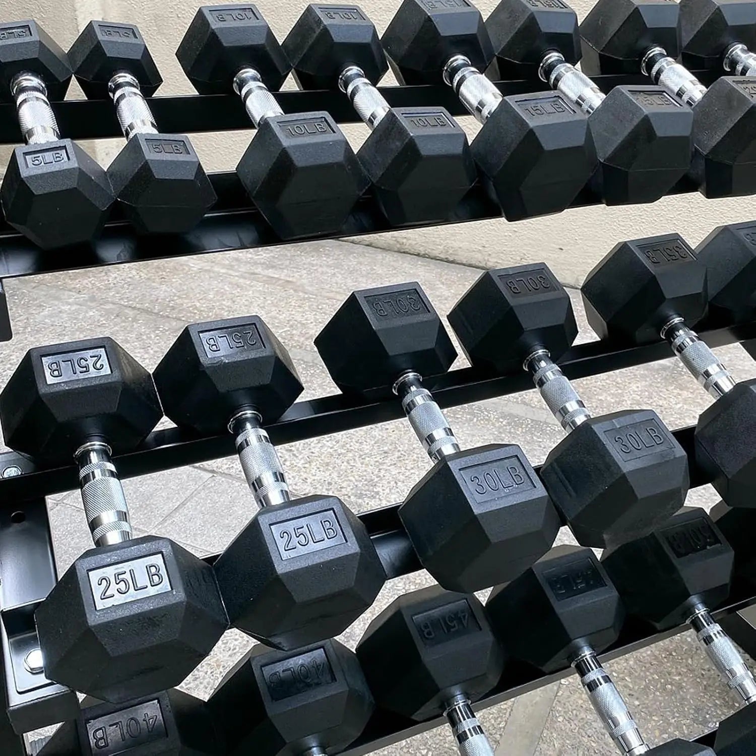 Rubber Hex Dumbbell Set with 3-Tier Rack | 5–45 LB | Home Gym Strength Training