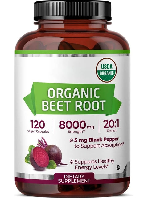 Organic Beetroot Capsules with Black Pepper Extract | Enhanced Absorption | Non-GMO | 120 Capsules