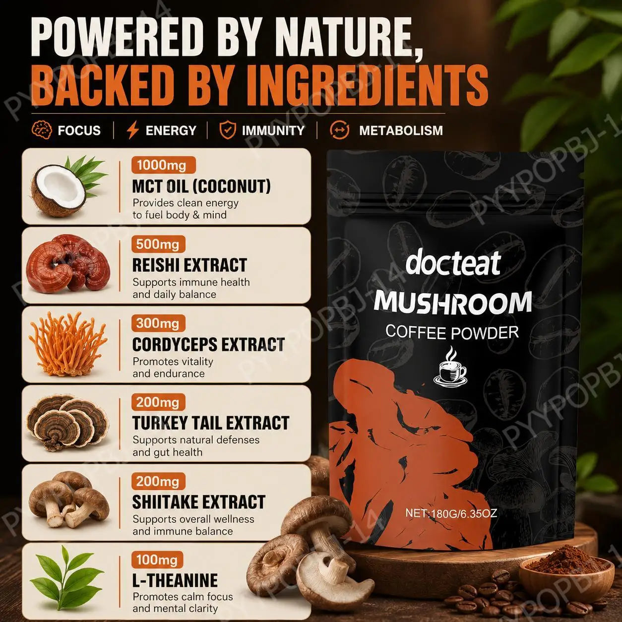 Mushroom Coffee Powder with L-Theanine – Daily Energy, Focus & Metabolism Support (180g)