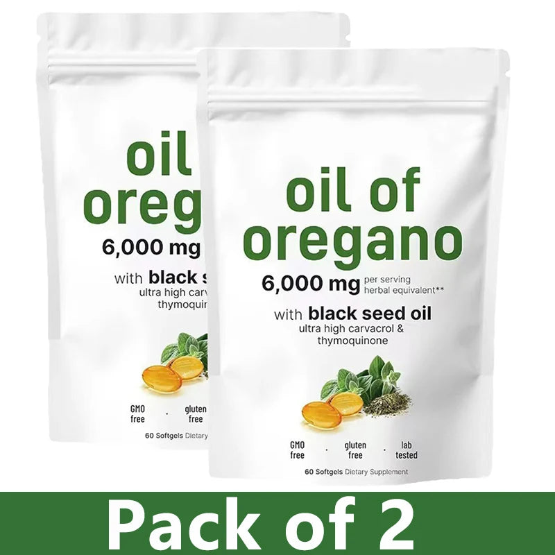 Oregano Oil Softgels with Black Seed Oil 6000mg – 4X Carvacrol for Immune & Digestive Health