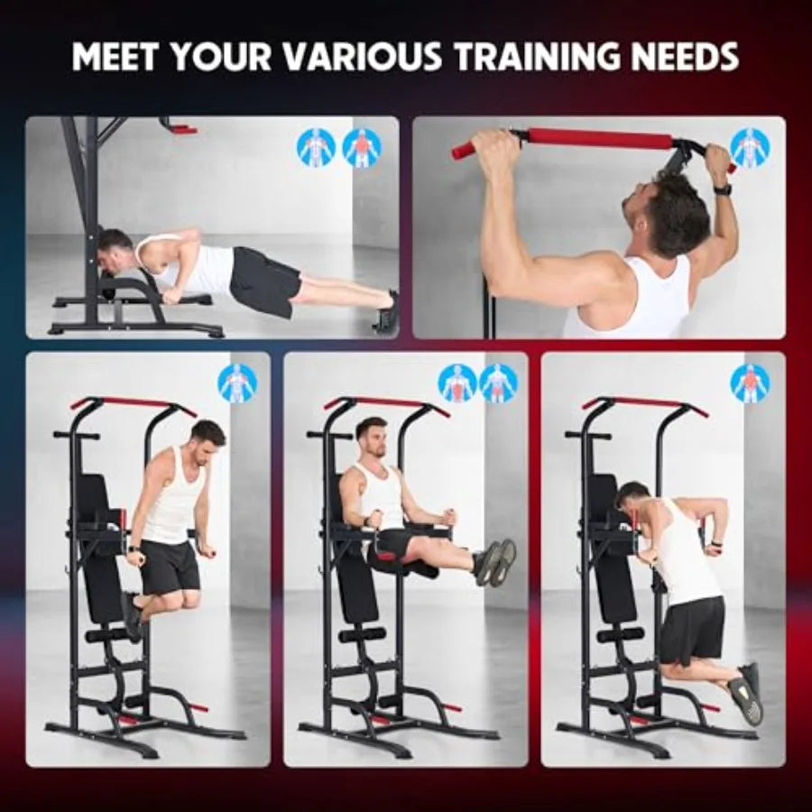 Home gym strength training equipment: multi-functional pull up bar with adjustable dip bar and foldable bench