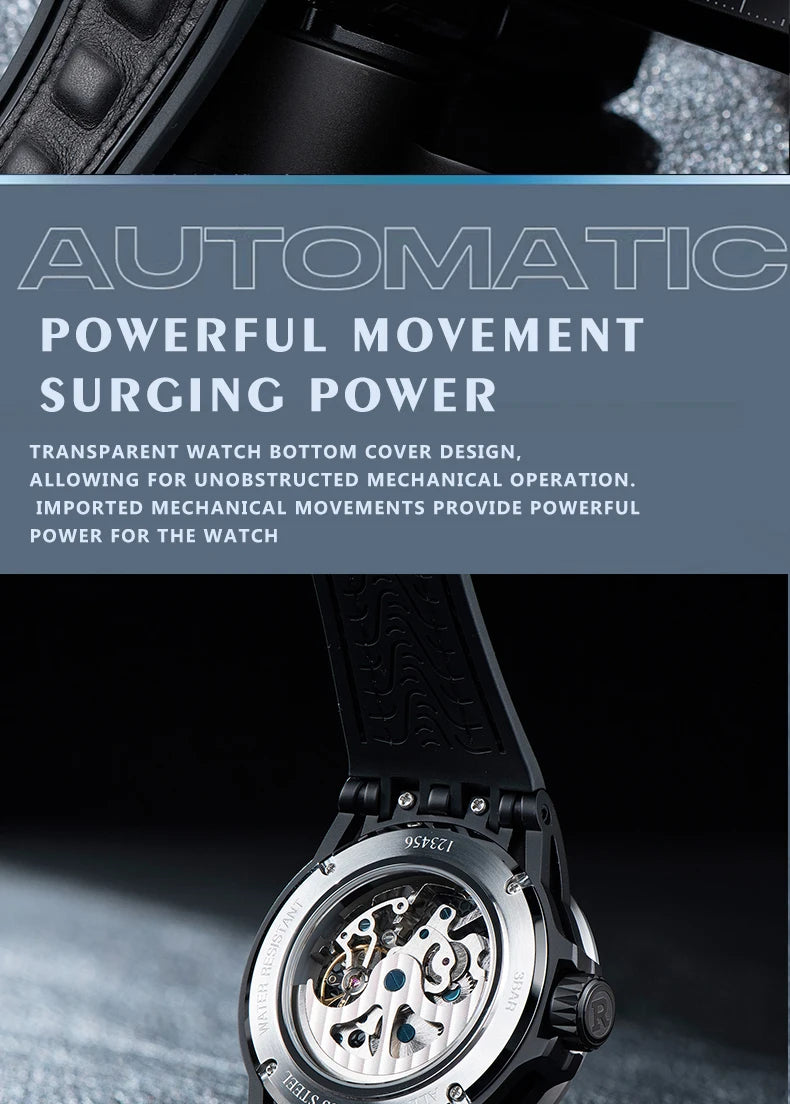 Automatic Watch Luminous Waterproof Silicone Strap Military Watches for Men RD-701