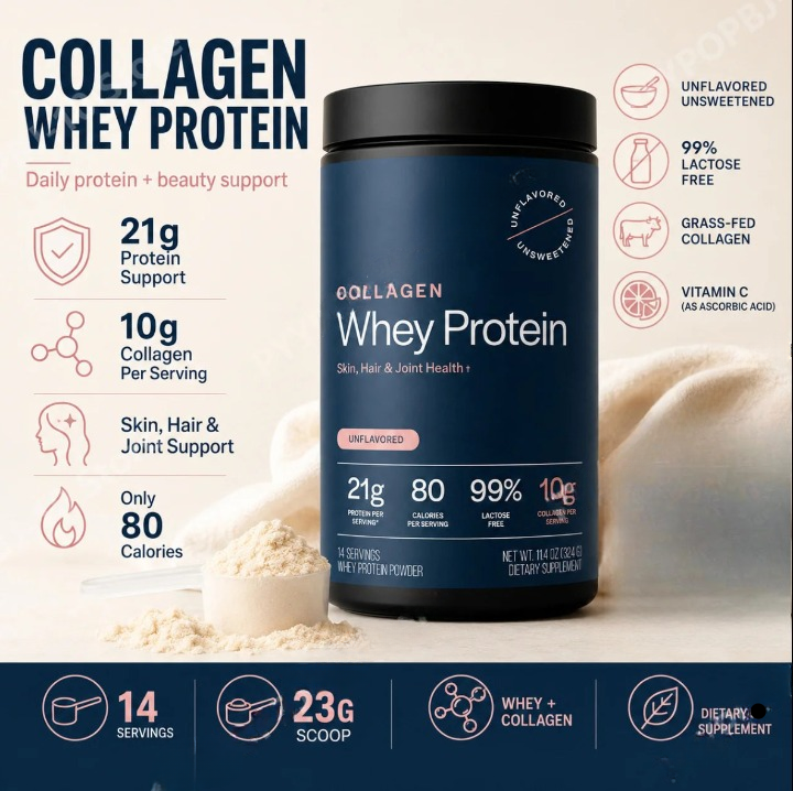 Grass-Fed Collagen Whey Protein Powder – 21g Protein, 10g Collagen, Unflavored for Skin, Hair & Joints