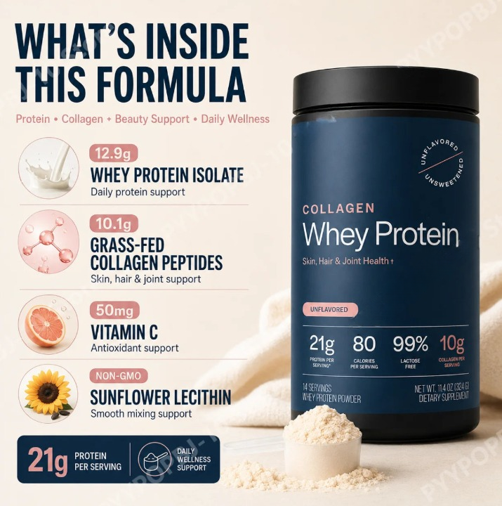 Grass-Fed Collagen Whey Protein Powder – 21g Protein, 10g Collagen, Unflavored for Skin, Hair & Joints