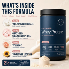 Grass-Fed Collagen Whey Protein Powder – 21g Protein, 10g Collagen, Unflavored for Skin, Hair & Joints
