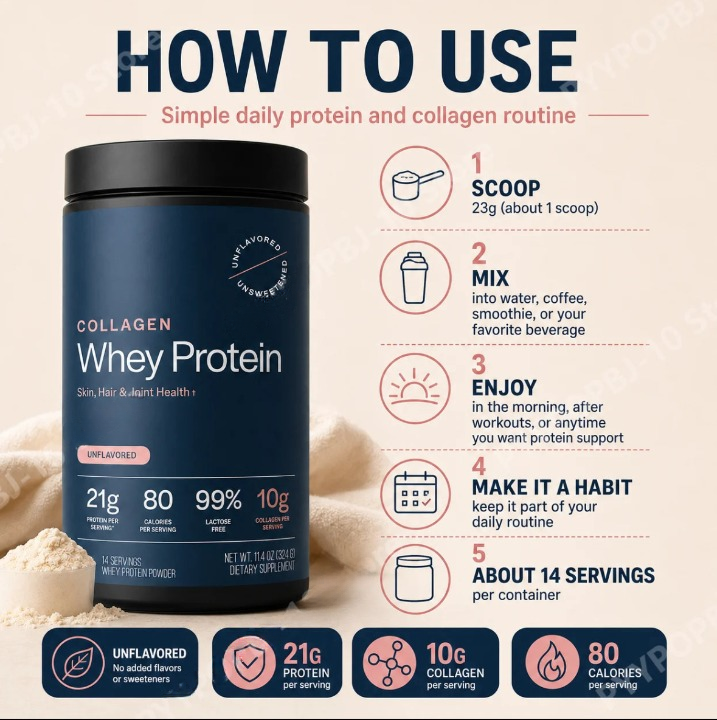 Grass-Fed Collagen Whey Protein Powder – 21g Protein, 10g Collagen, Unflavored for Skin, Hair & Joints