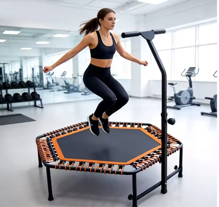 45-Inch Hexagonal Trampoline with Handrail – 330 lb Capacity Indoor Fitness Rebounder for Adults & Kids