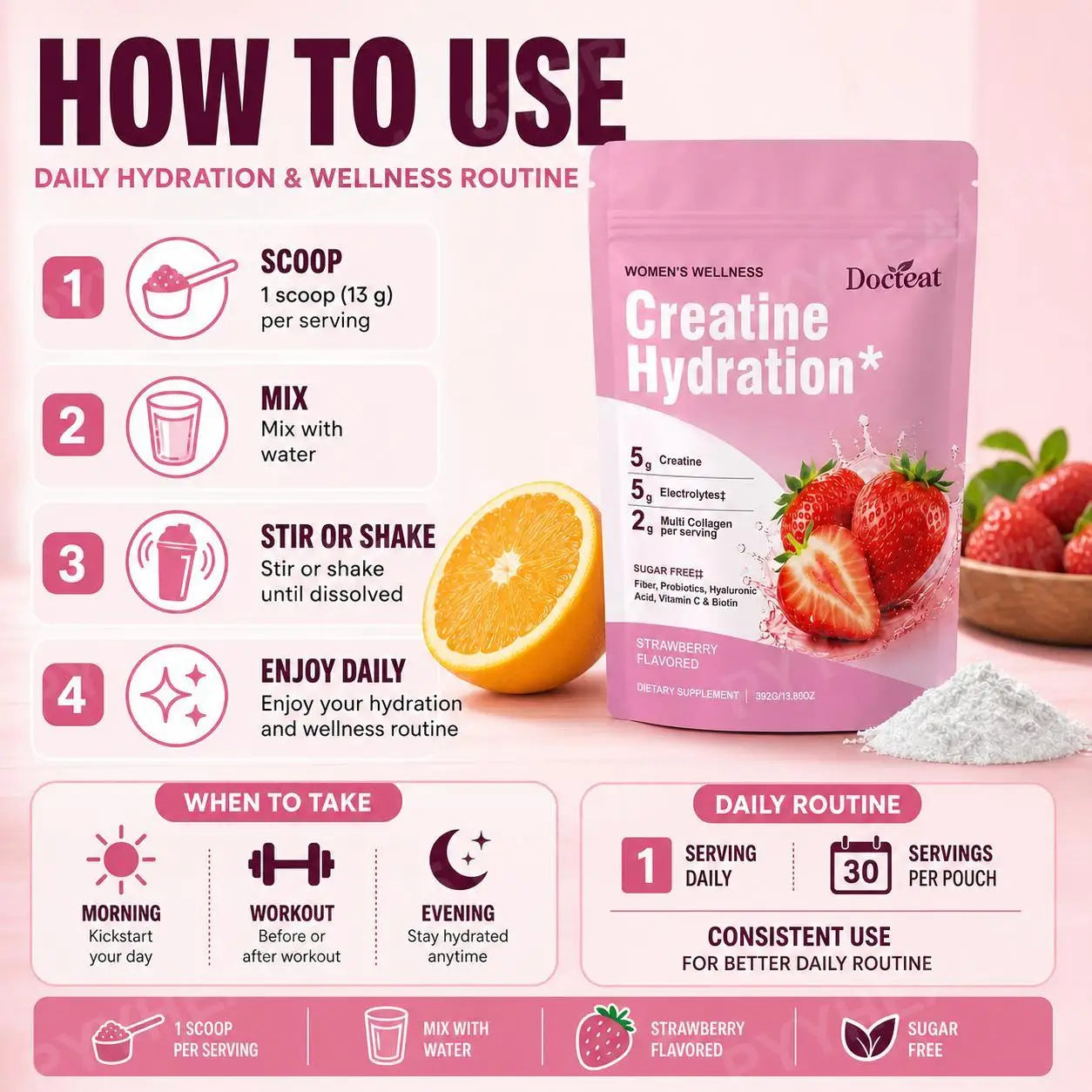 Docteat Creatine Monohydrate Hydration Powder | Probiotics, Hyaluronic Acid & Dietary Fiber | 30 Servings