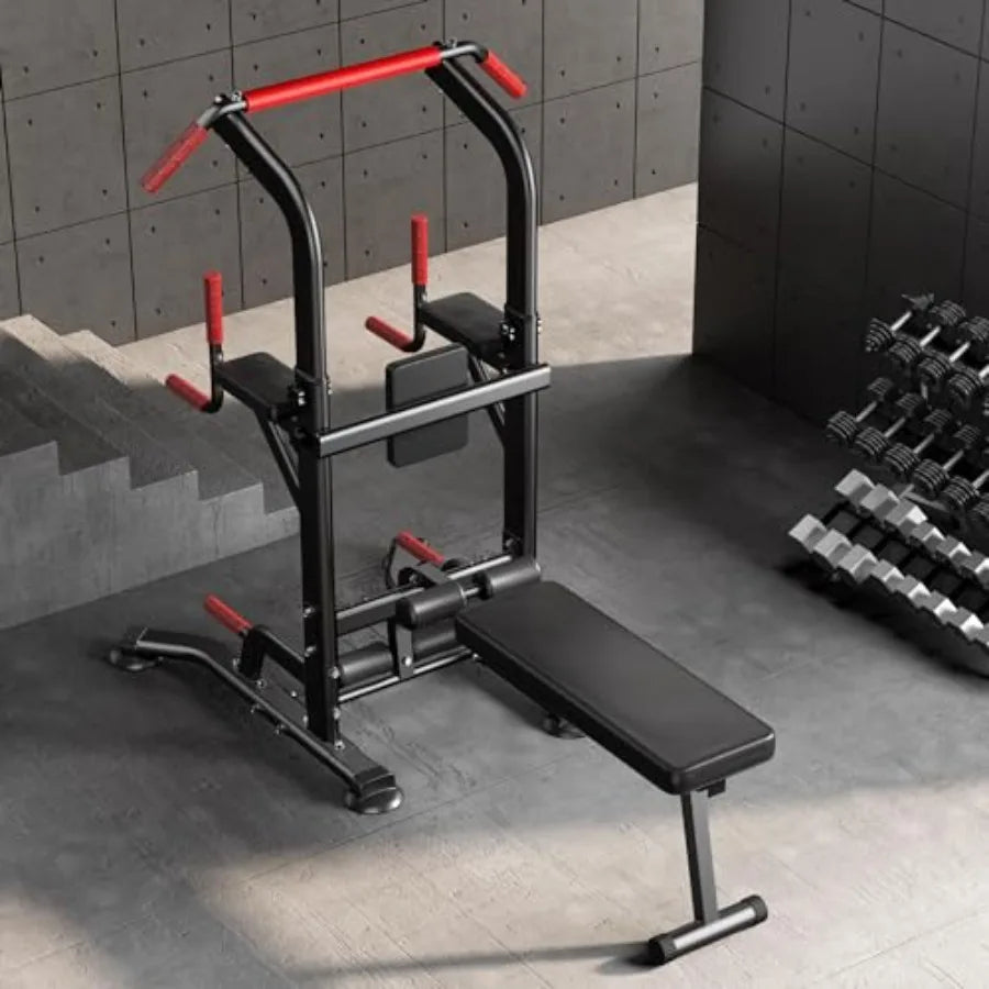 Home gym strength training equipment: multi-functional pull up bar with adjustable dip bar and foldable bench