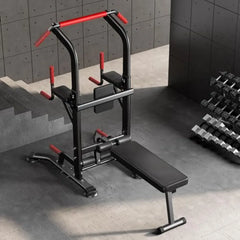Home gym strength training equipment: multi-functional pull up bar with adjustable dip bar and foldable bench