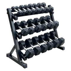 Rubber Hex Dumbbell Set with 3-Tier Rack | 5–45 LB | Home Gym Strength Training