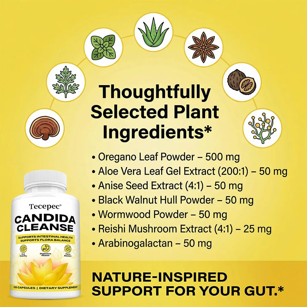 Candida Cleanse Capsules – Oregano Leaf, Gut Flora Balance, Colon Detox & Bloating Relief, 30–120 Count