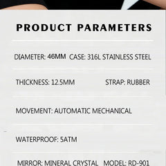Automatic Watch Luminous Waterproof Silicone Strap Military Watches for Men RD-701