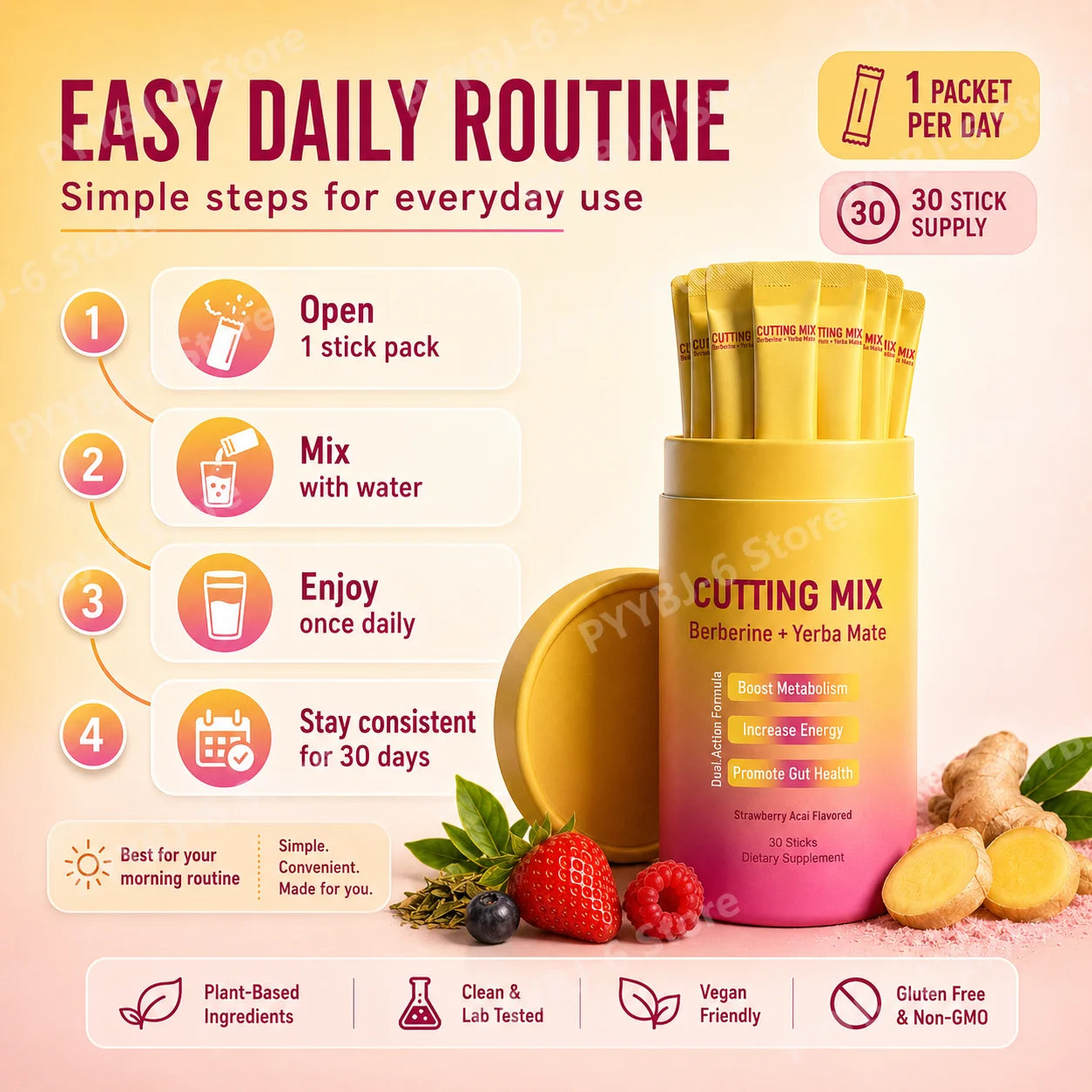 Berberine & Yerba Mate Supplement Powder | Metabolism, Energy & Gut Health Support | Strawberry Acai | 30 Stick Packs