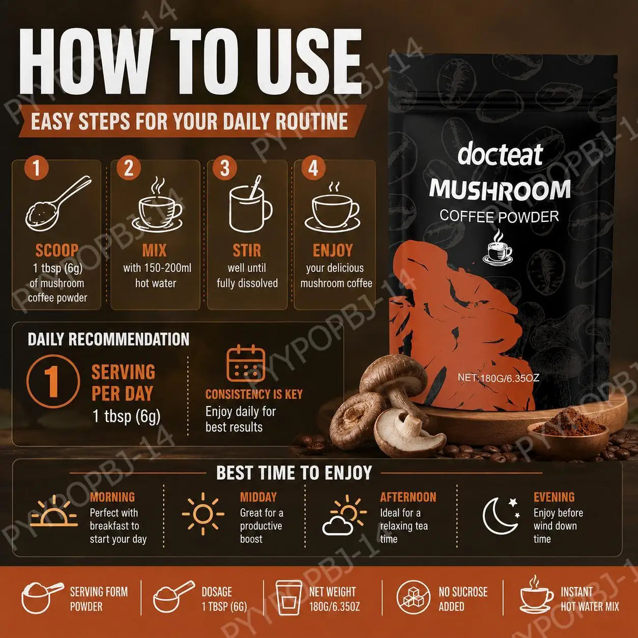 Mushroom Coffee Powder with L-Theanine – Daily Energy, Focus & Metabolism Support (180g)