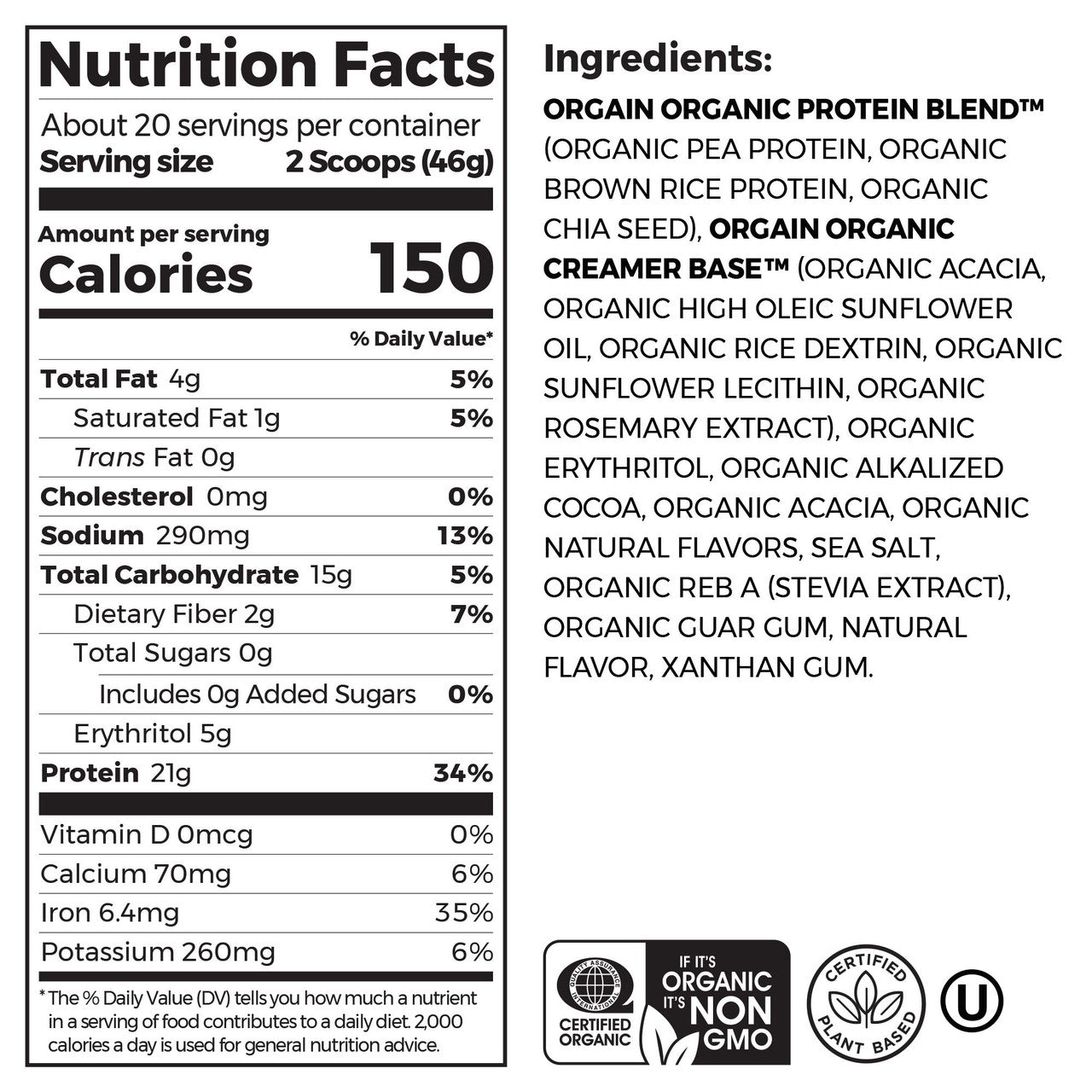 Orgain Organic Plant-Based Protein Powder with 21g Protein & 5g Fiber