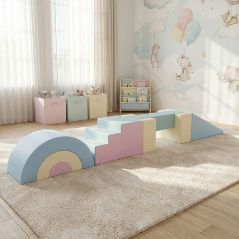 Pastel Playground: 7-Piece Modular Soft-Play Balance Gym Set