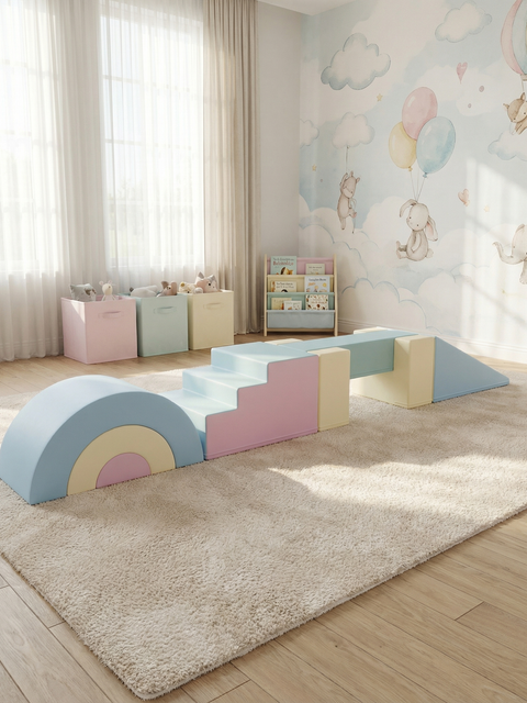 Pastel Playground: 7-Piece Modular Soft-Play Balance Gym Set