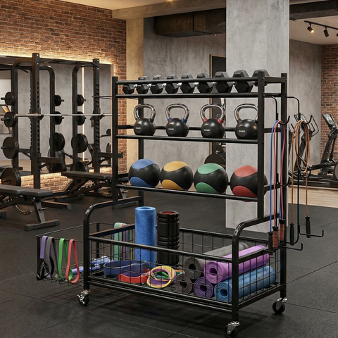 Double-Layer Iron Sports Equipment Storage Rack – Heavy-Duty Gym Organizer
